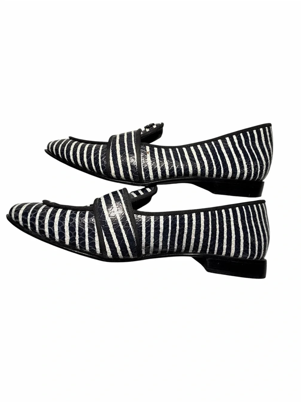 Tory Burch Evette Penny Loafers Striped Black & White Leather Loafers Sz 5.5